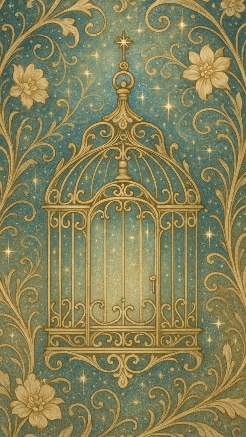 Ornate cage amidst floral stars.