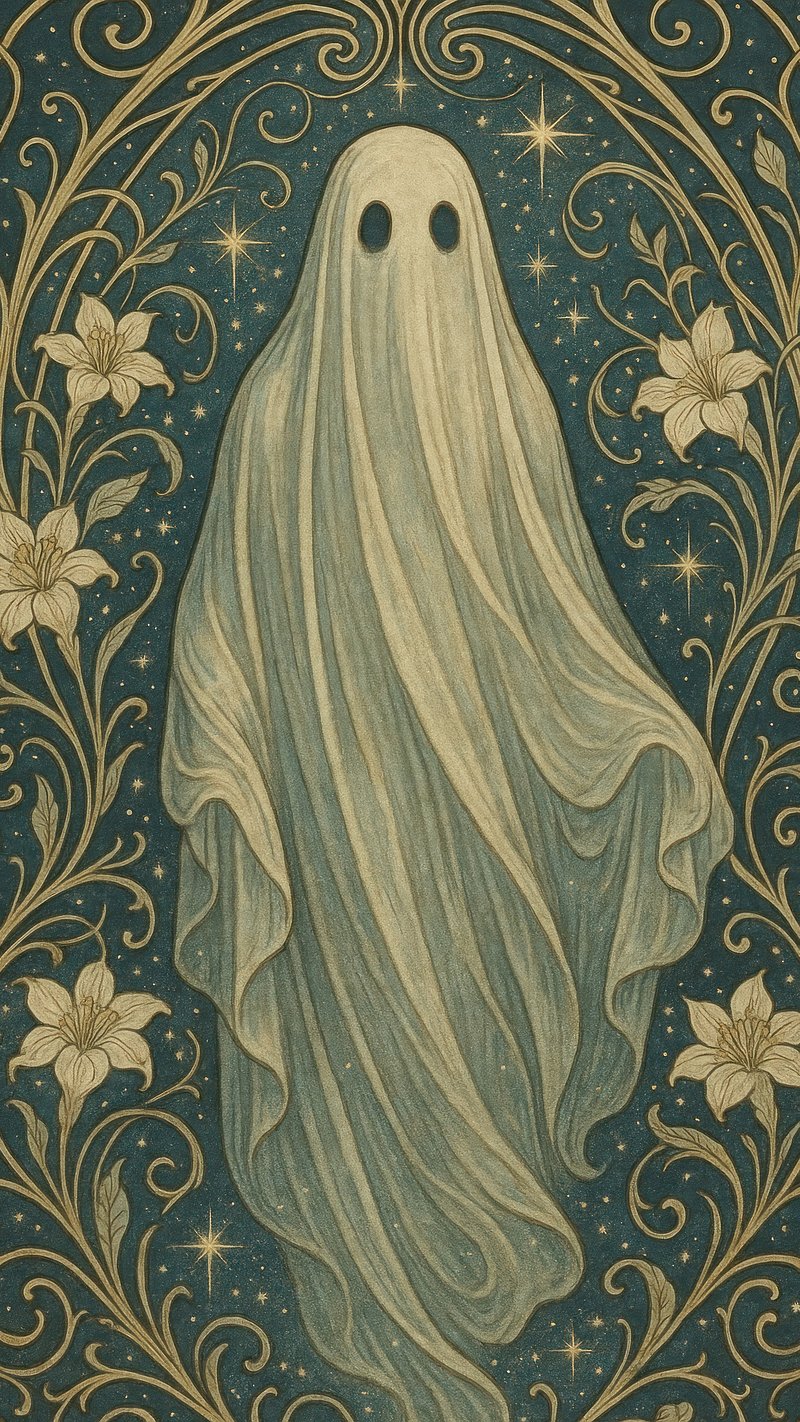 Ethereal ghost amidst floral elegance.