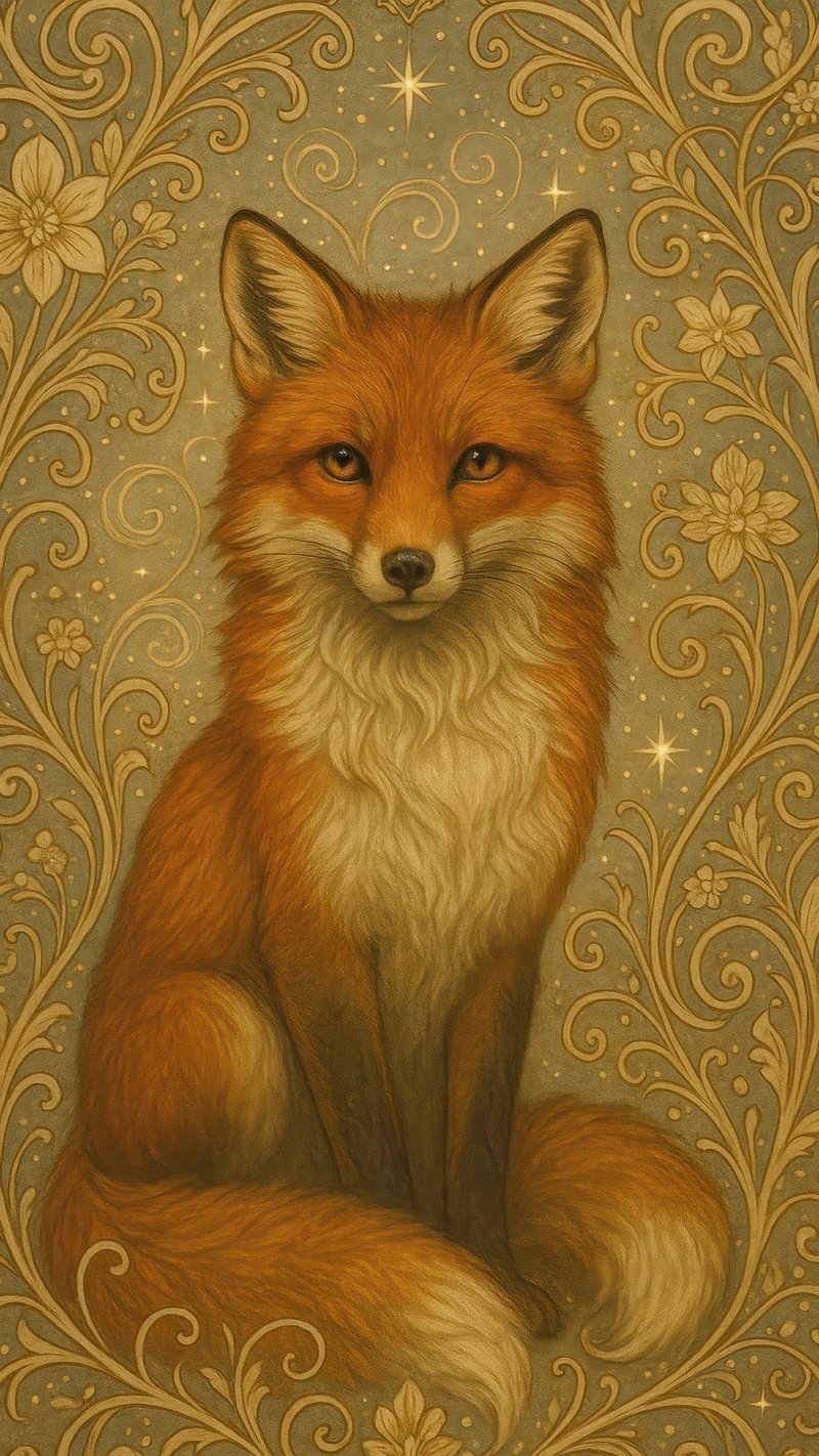 Elegant fox amidst floral patterns.