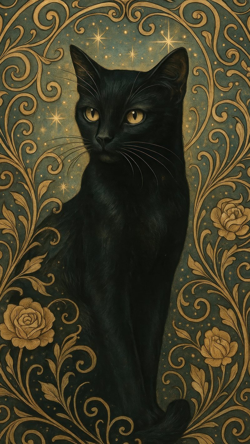 Elegant black cat amidst stars.