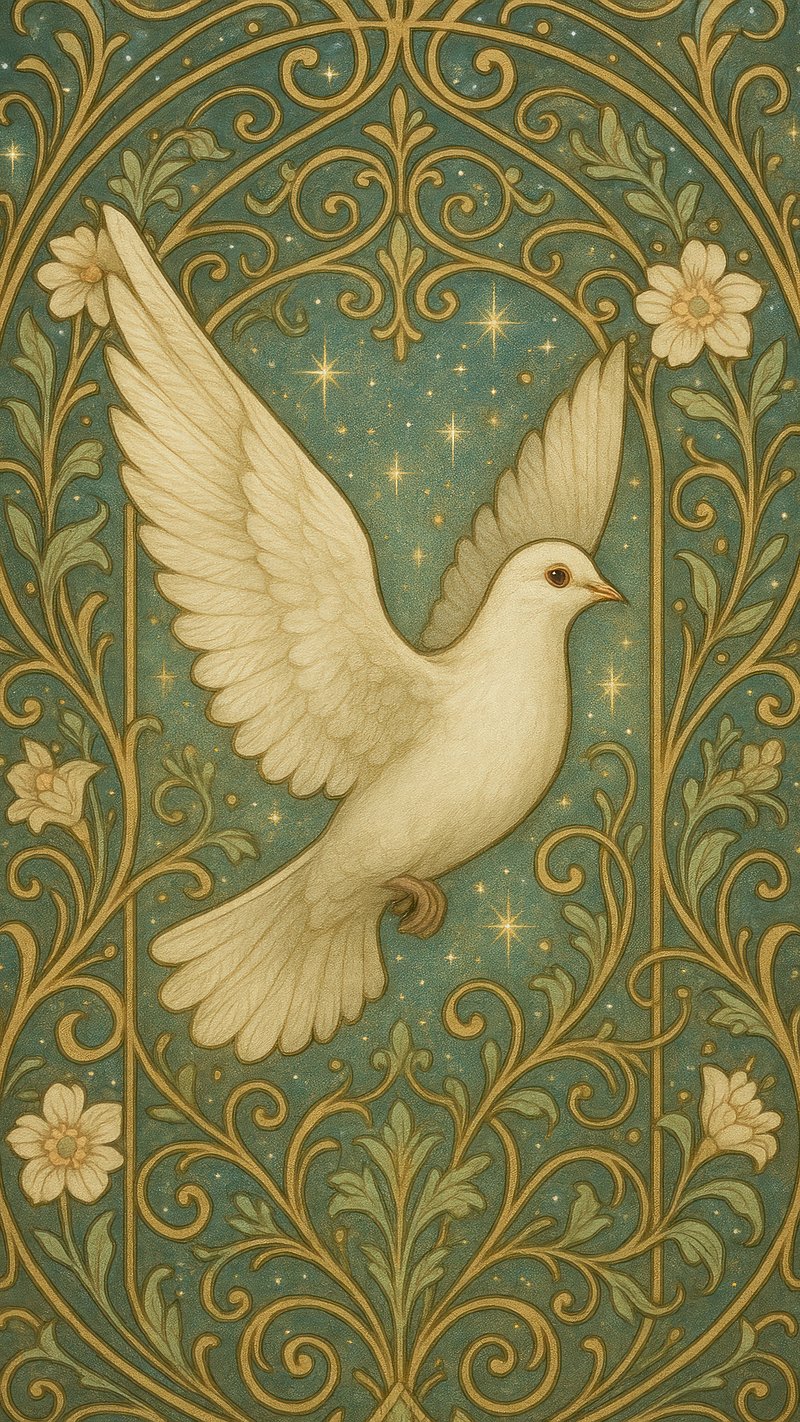 Elegant dove amidst floral design.