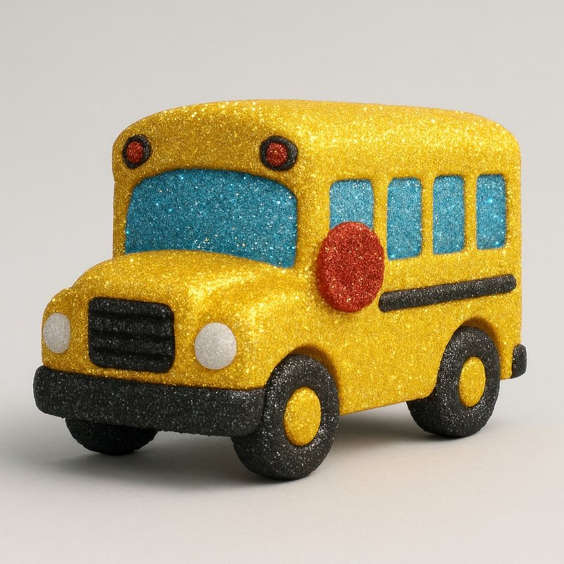 Glittery toy school bus illustration.