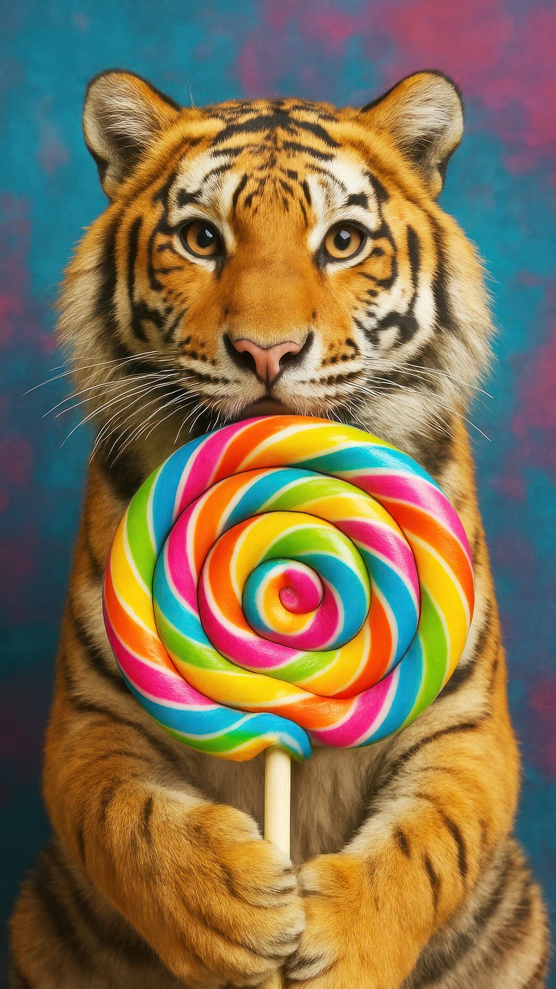 Tiger holding colorful lollipop