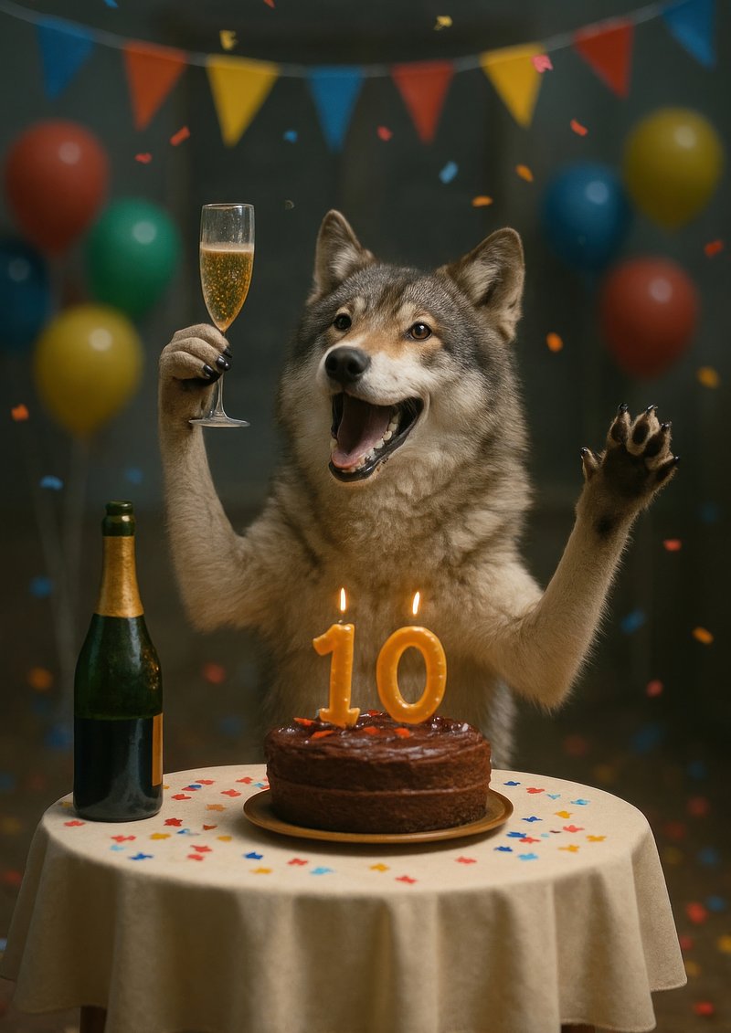 Wolf celebrating tenth birthday joyfully.