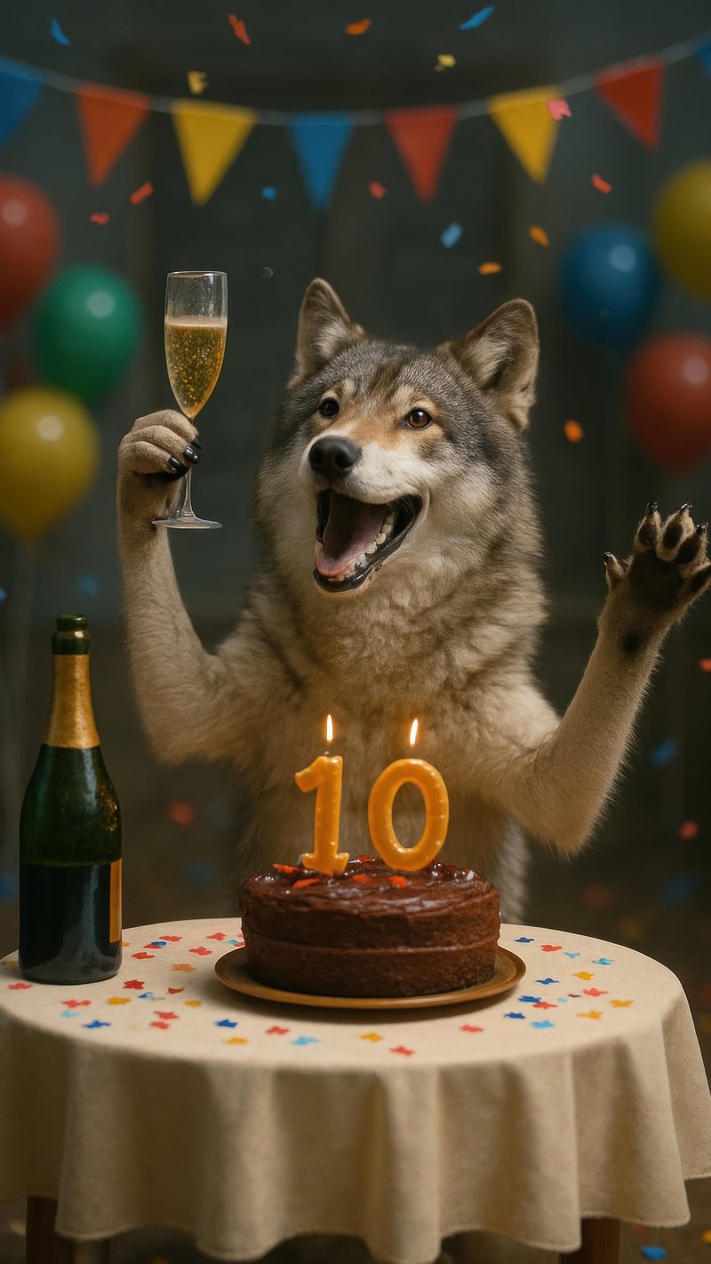 Wolf celebrating birthday joyfully.