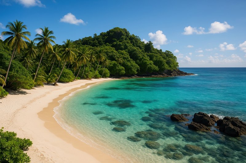 Tropical paradise with serene beach.