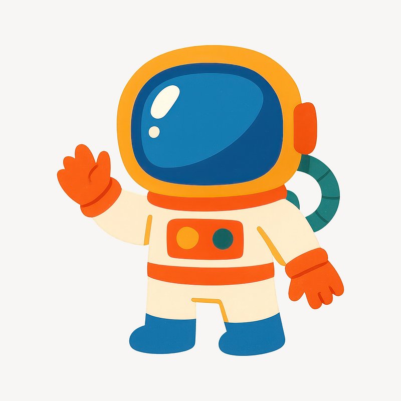 Colorful cartoon astronaut waving.