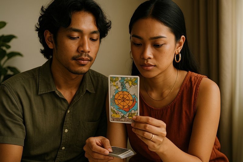 Couple reading tarot cards together.