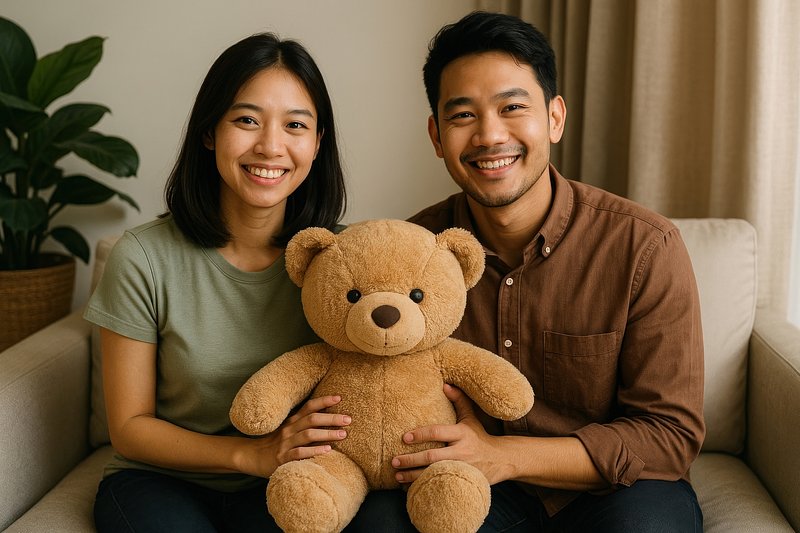 Happy couple with teddy bear