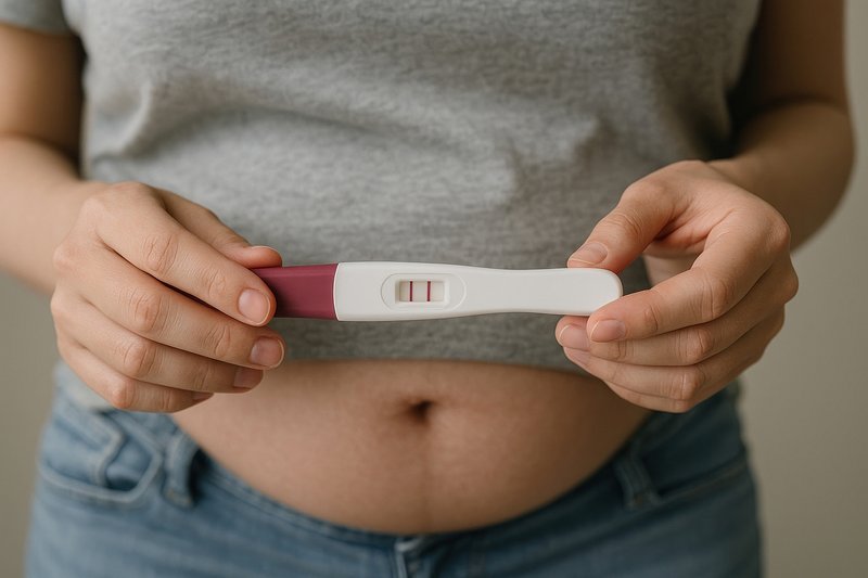 Positive pregnancy test held gently.