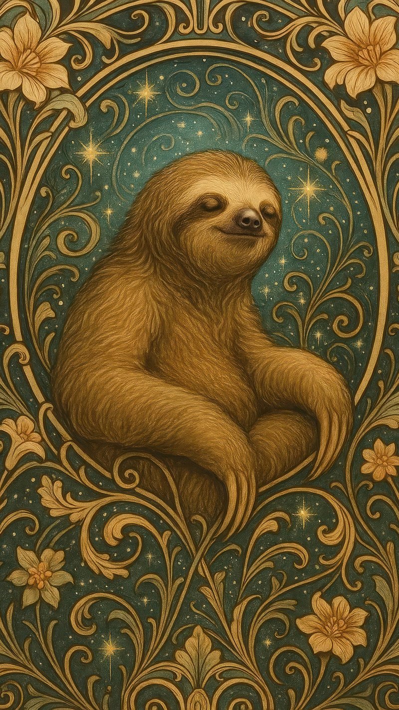 Whimsical sloth in ornate frame.
