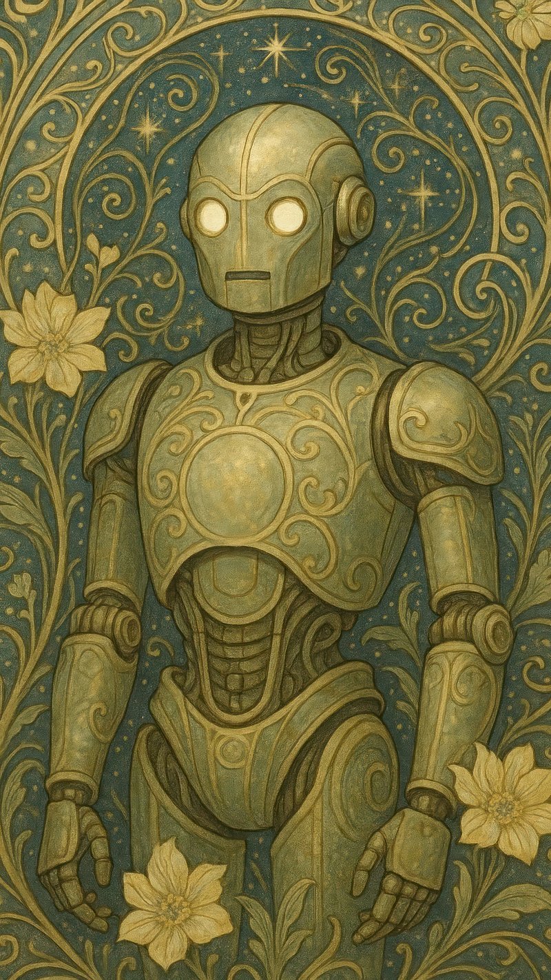Intricate floral robot illustration.