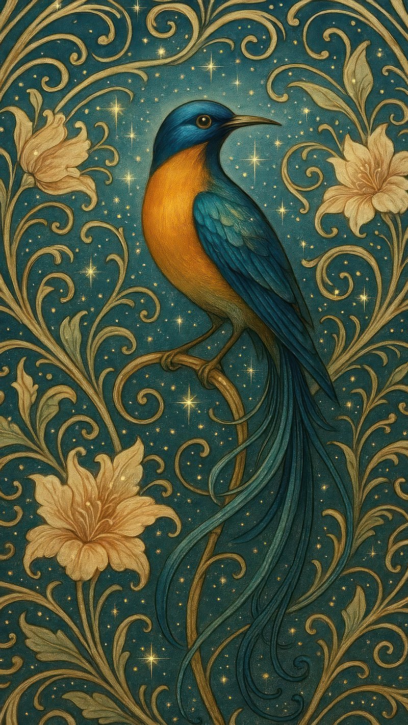 Elegant bird amidst floral patterns.