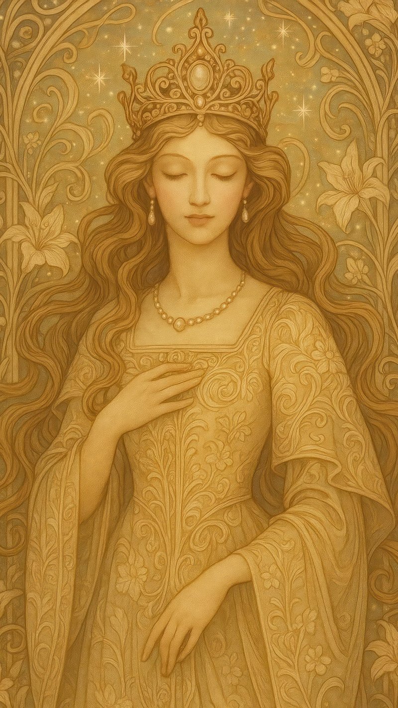 Elegant queen in golden illustration.