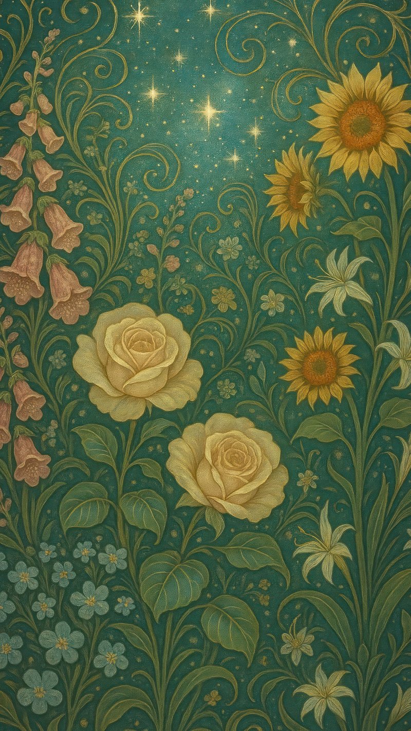 Floral fantasy under starlit sky.