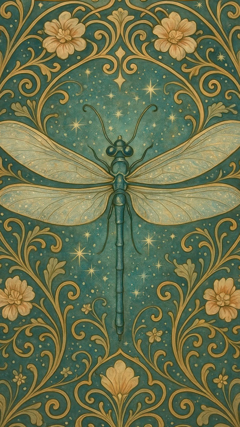 Intricate dragonfly amidst floral patterns.