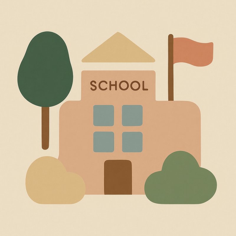 Whimsical school building illustration.