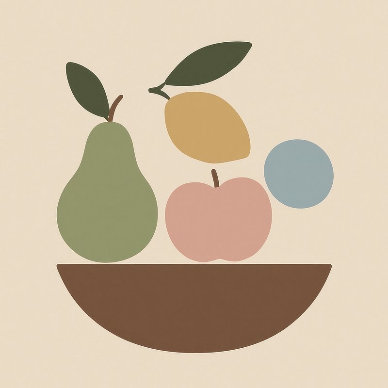 Minimalist fruit bowl illustration.