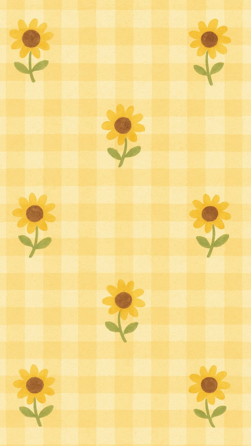 Charming sunflowers on checkered background.