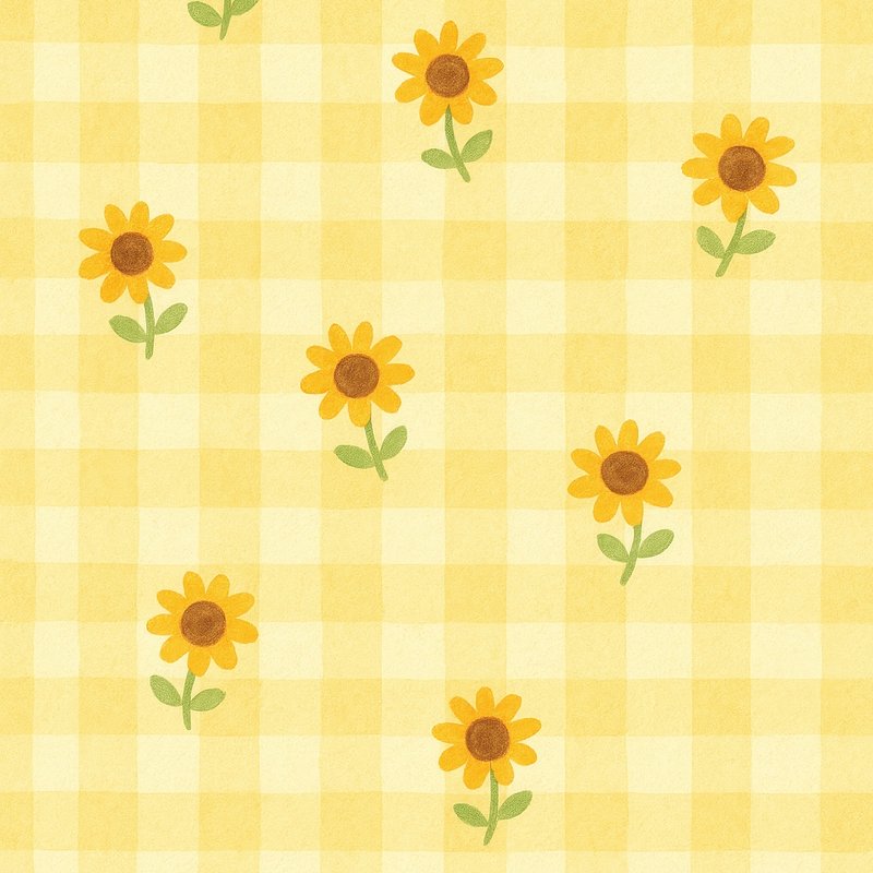 Cheerful sunflowers on checkered background.