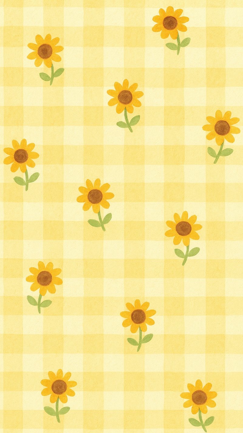 Cheerful sunflowers on plaid.