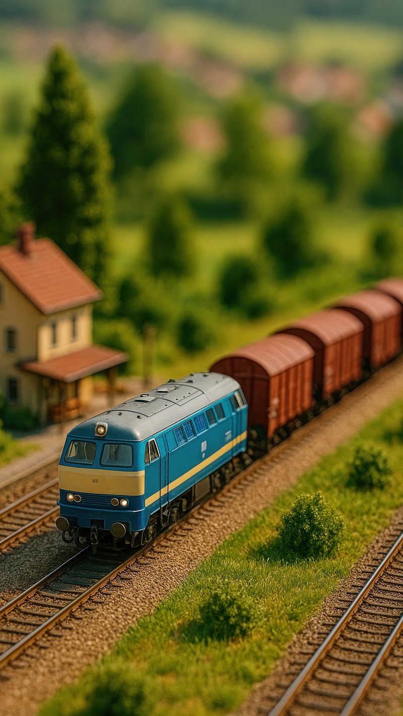 Miniature train model landscape scene.