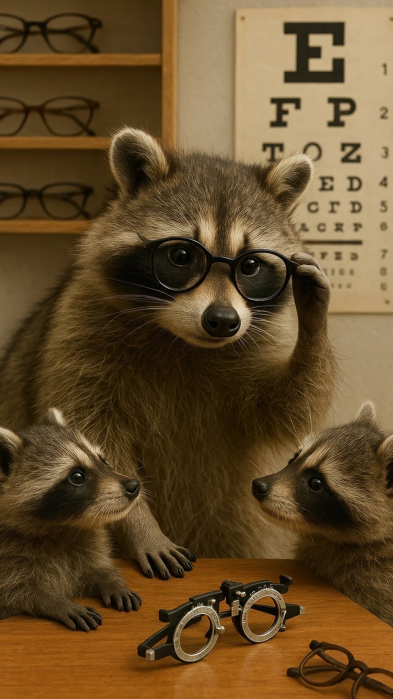 Raccoons wearing glasses humor.