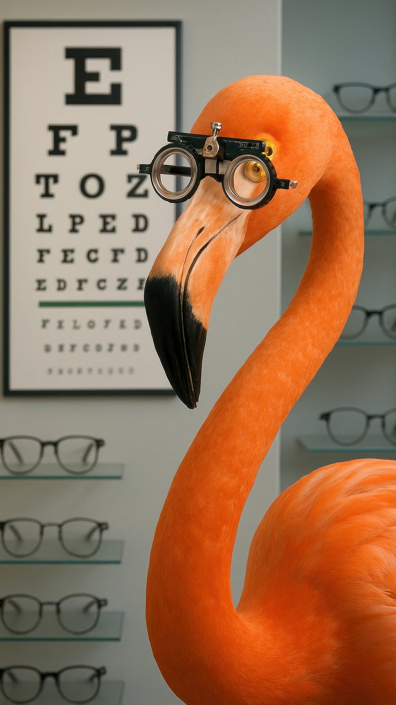 Flamingo wearing eye test glasses.