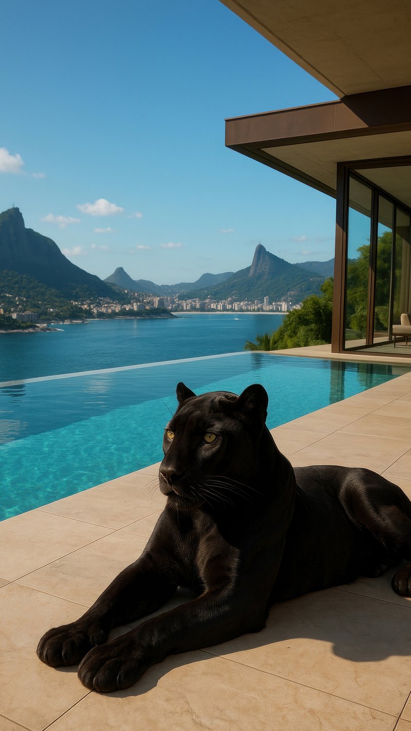 Panther lounging by infinity pool.
