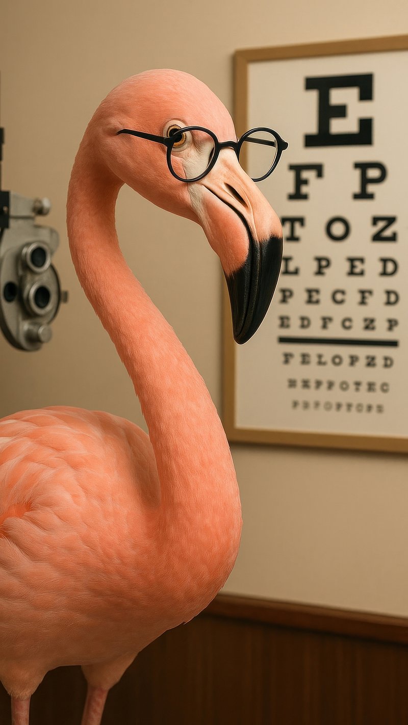 Flamingo optometrist humor illustration.