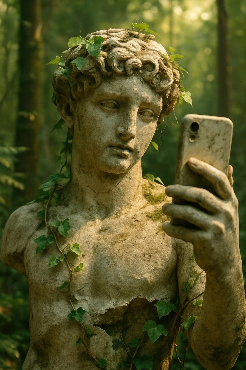 Statue taking selfie in forest