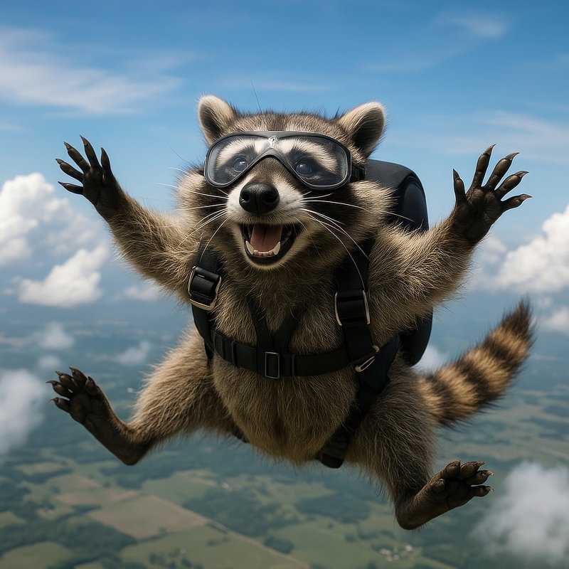 Raccoon skydiving with goggles.