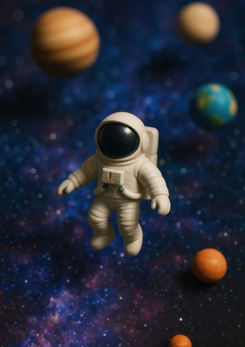 Astronaut floating among planets.