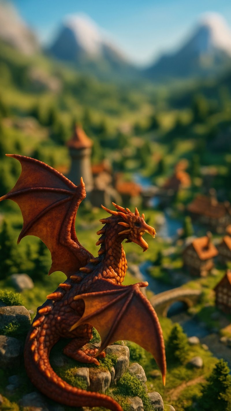 Majestic dragon overlooks village.