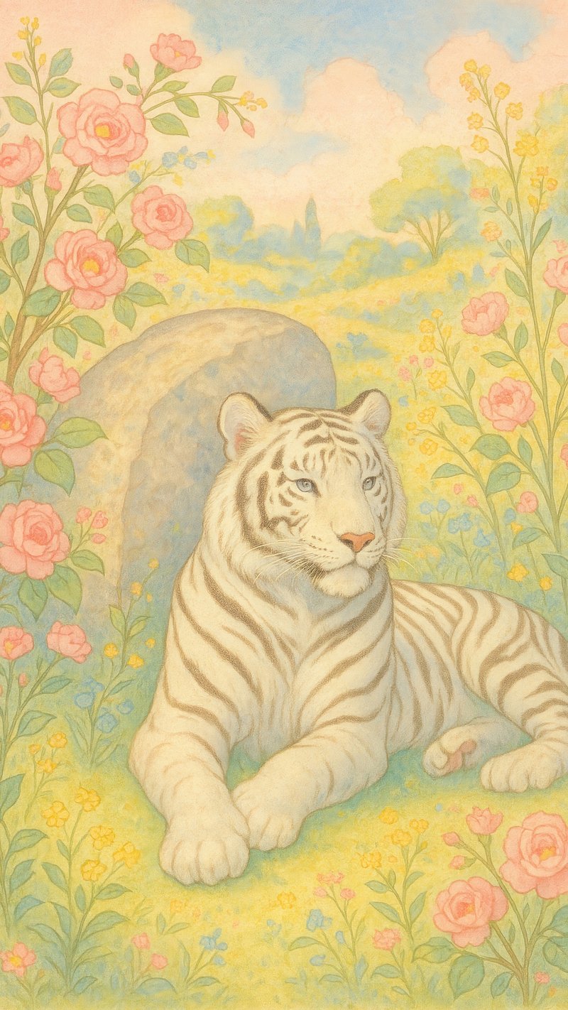 Serene tiger amidst blooming flowers.