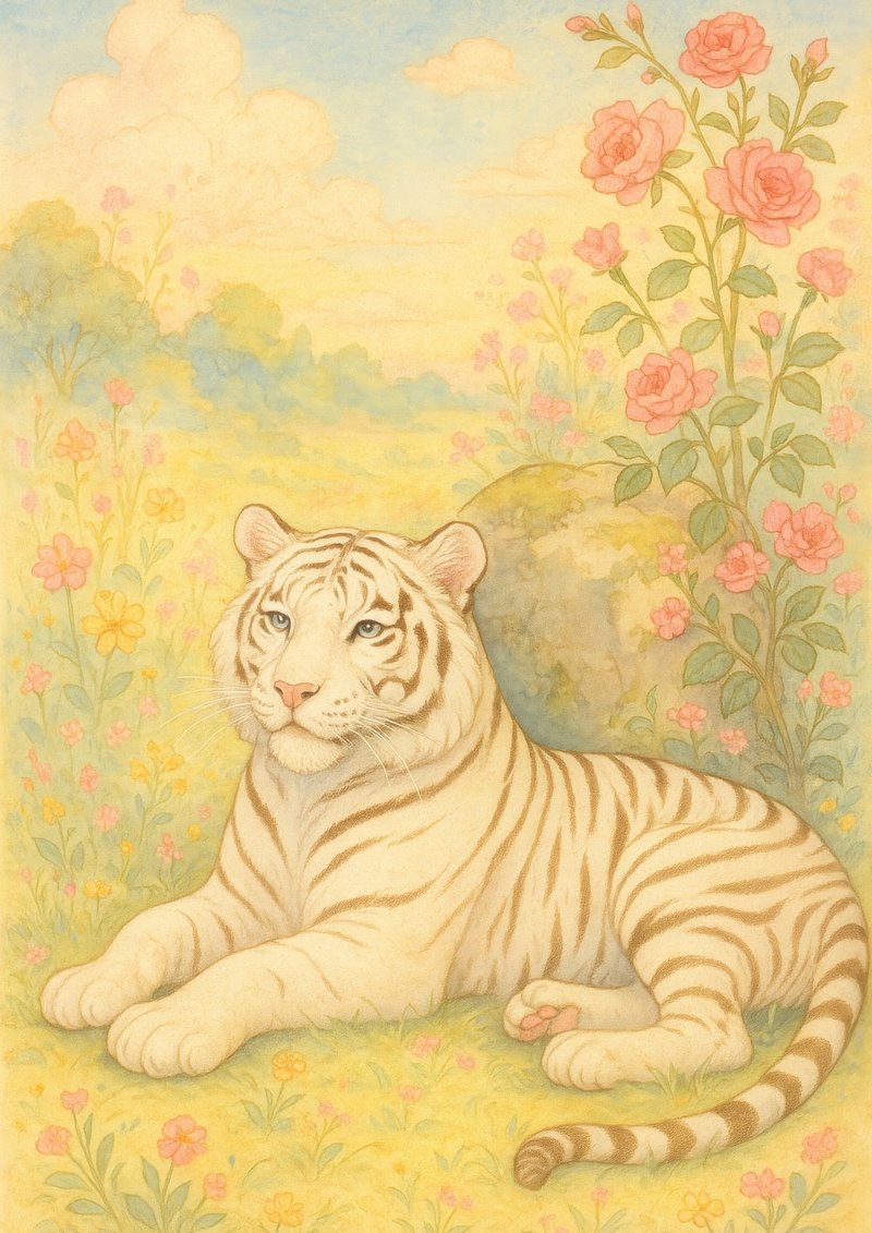 Majestic tiger amidst floral serenity.