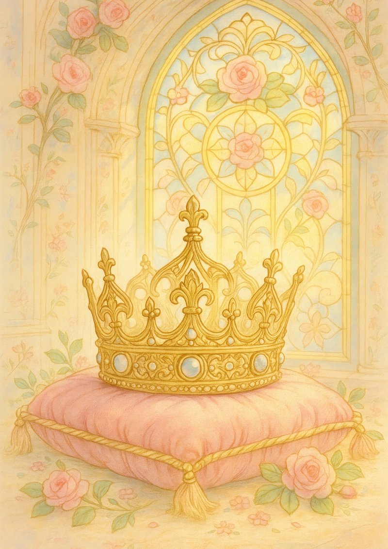 Regal crown on plush cushion.