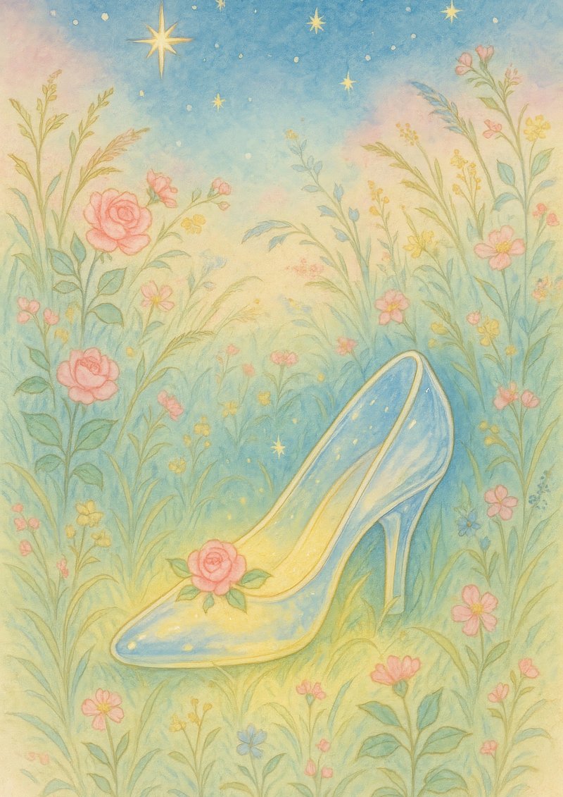 Enchanted glass slipper in meadow