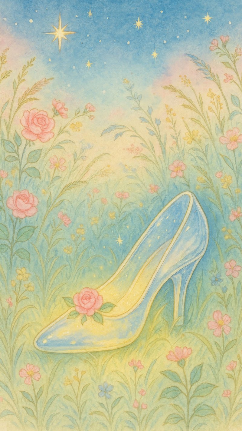 Whimsical fairytale glass slipper illustration.