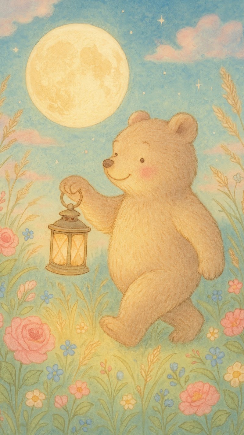 Bear lantern moonlit floral scene