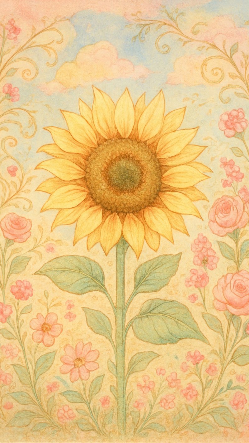 Whimsical sunflower amidst floral patterns.