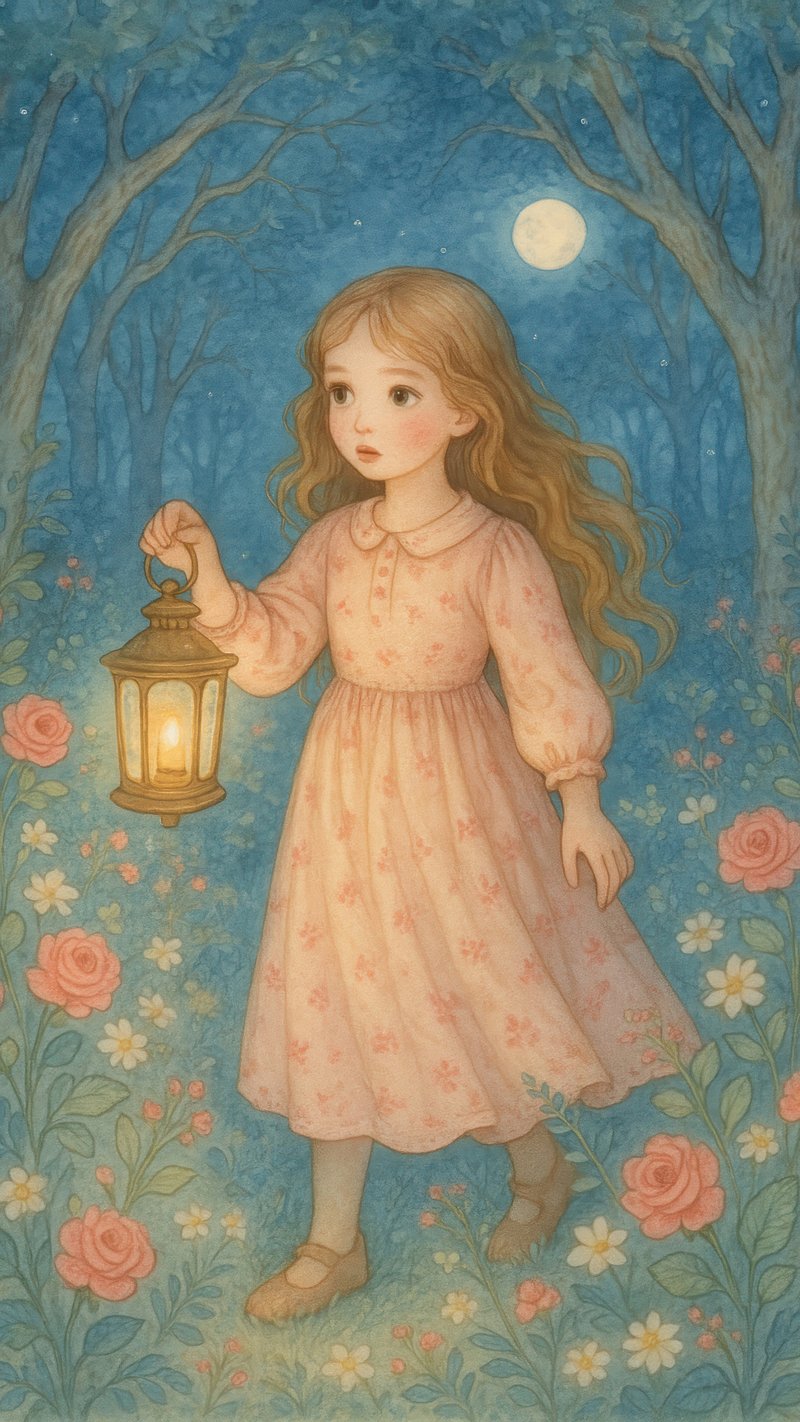 Whimsical girl lantern night