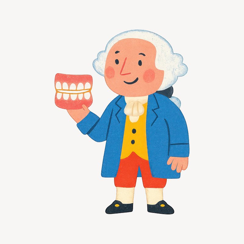 Cartoon dentist holding dentures