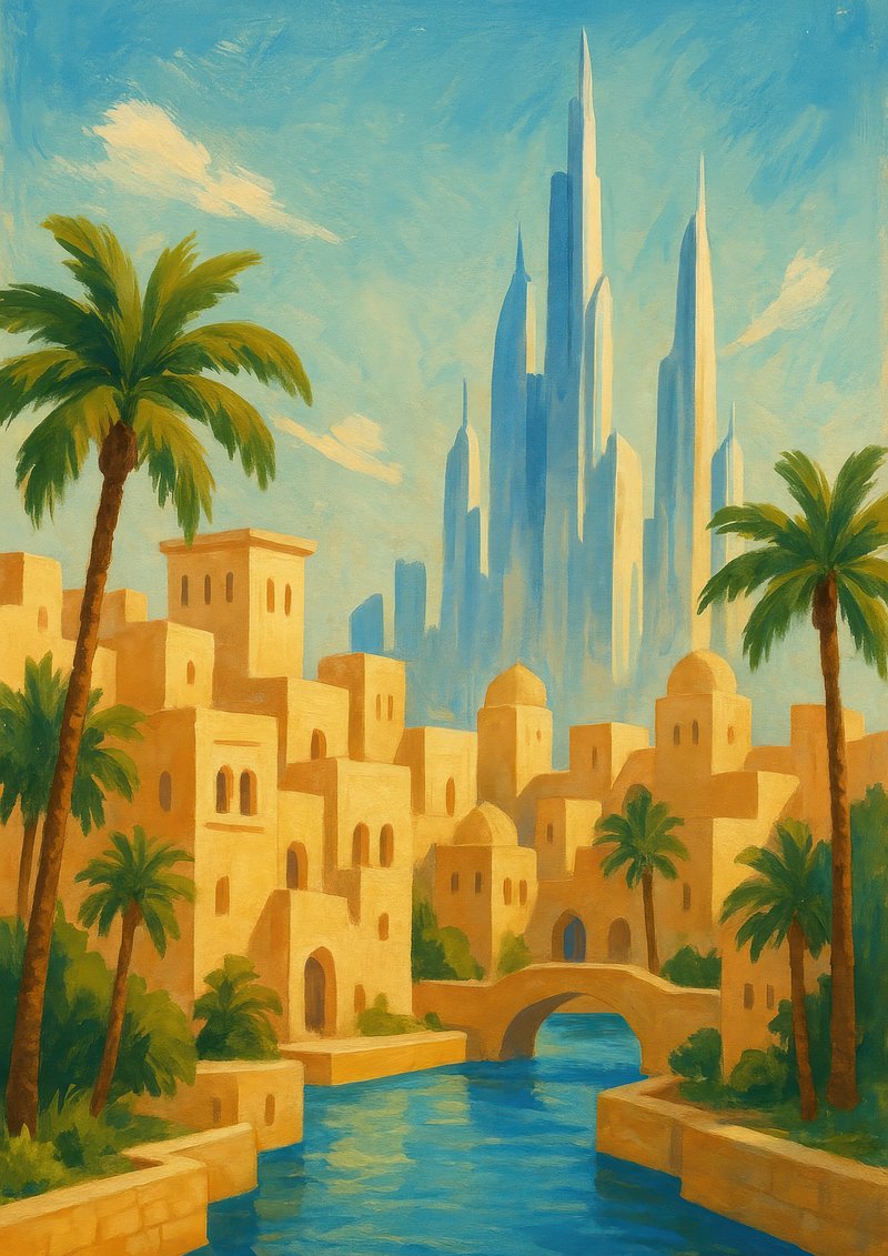 Futuristic desert cityscape painting.