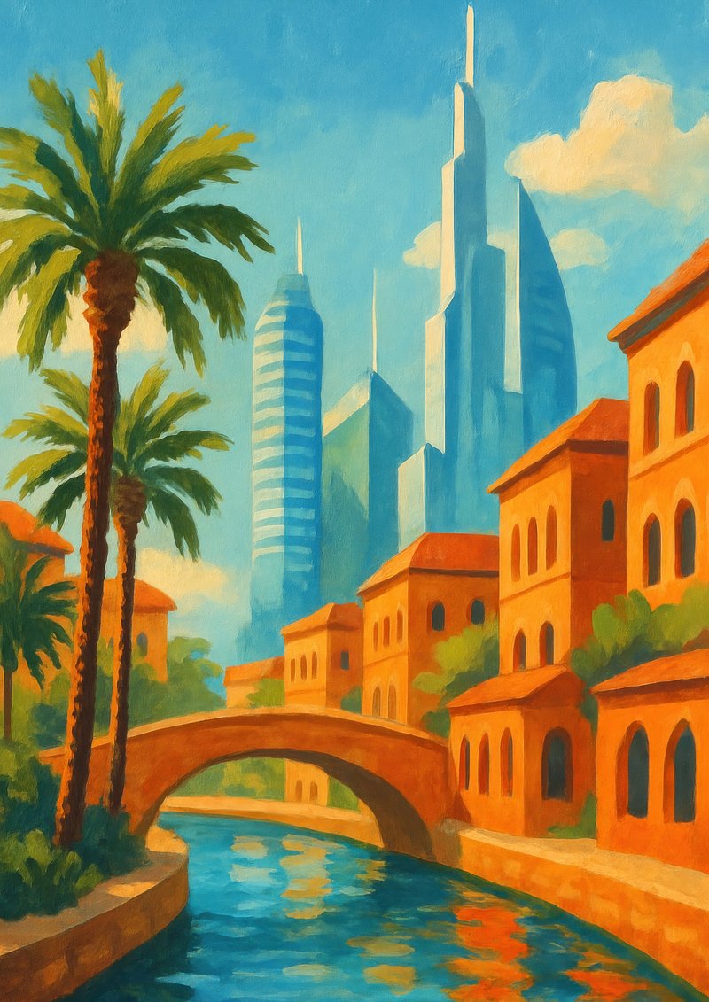Futuristic cityscape with canal.