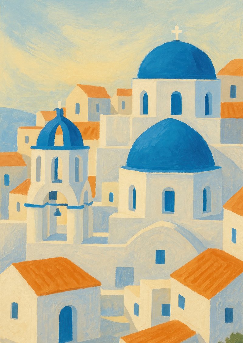 Santorini architecture vibrant illustration