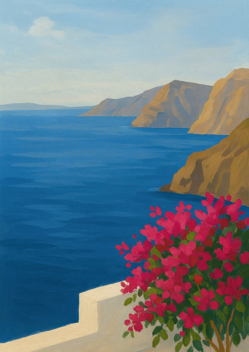 Mediterranean coastal view painting.