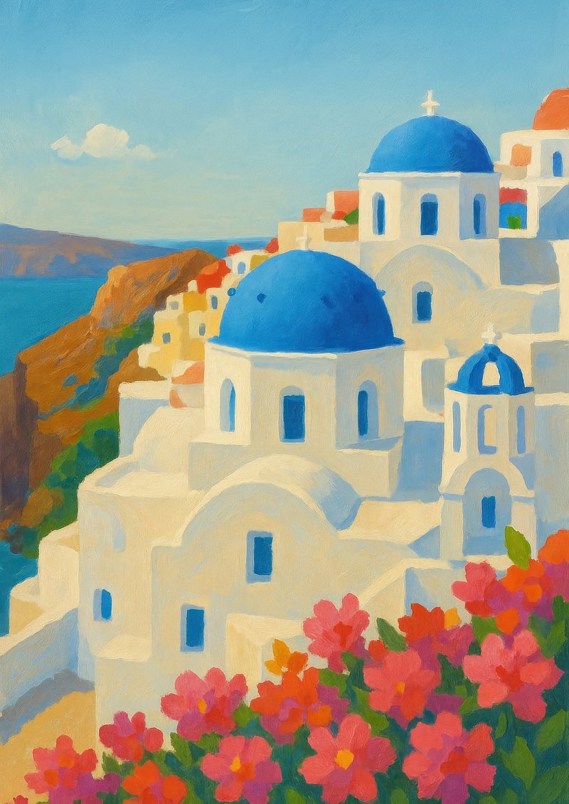 Vibrant Santorini architecture painting.