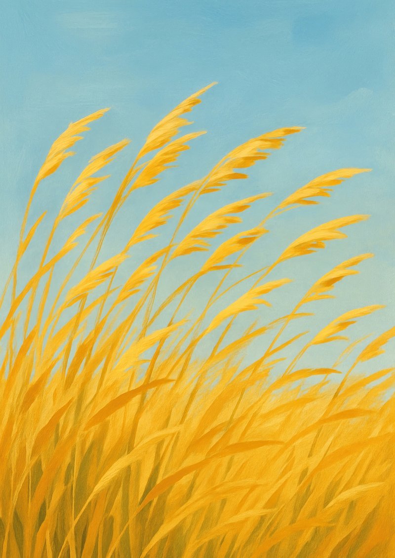 Golden wheat under blue sky.