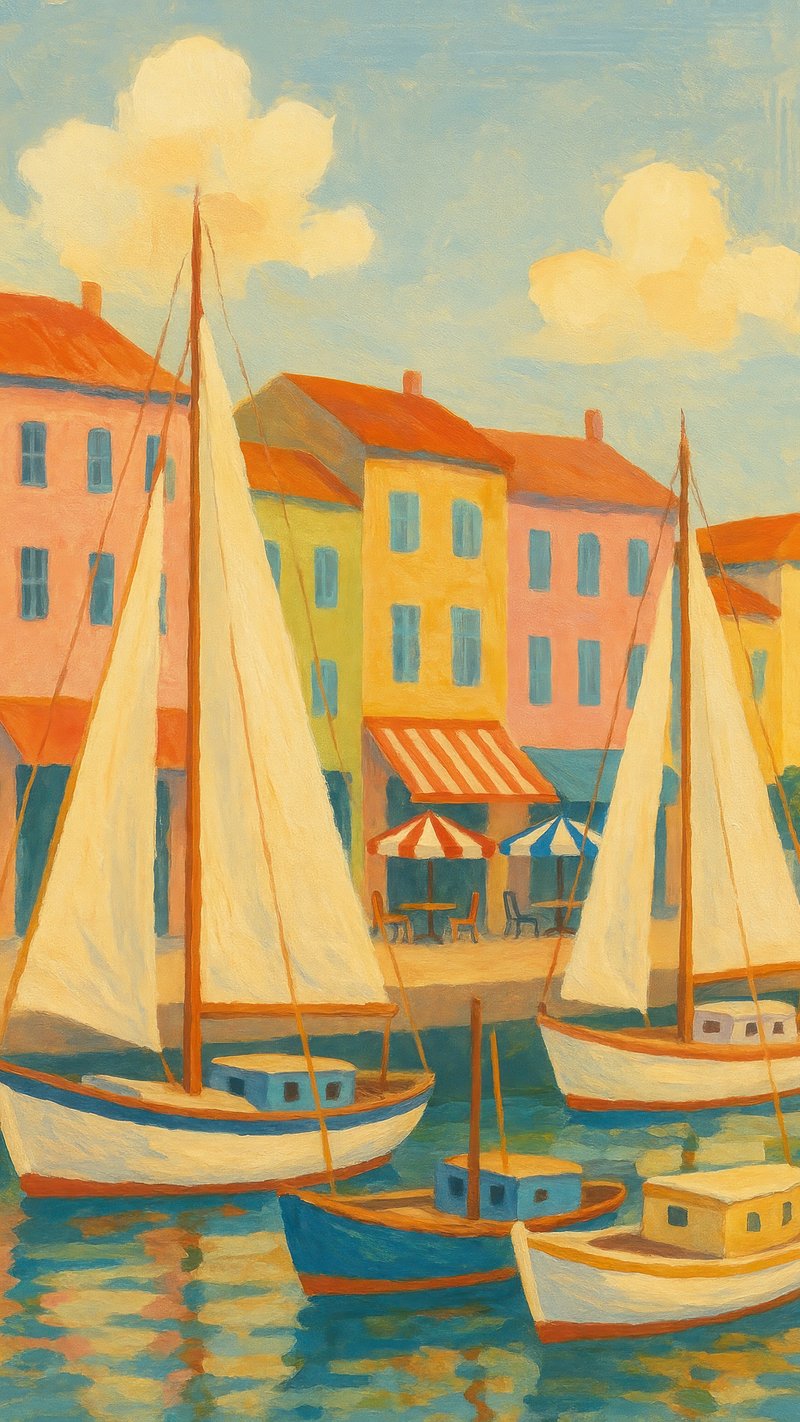 Colorful sailboats by harbor.